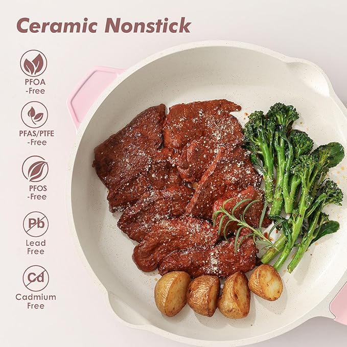 SENSARTE Nonstick Skillet with Lid 12-inch, 5QT Ceramic Deep Frying Pan, Non Toxic Saute Pan with Lid, Healthy Dishwasher Safe Cooking Pot, Induction Pan with Stay-cool Handle, Pink - Image 2