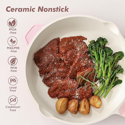 SENSARTE Nonstick Skillet with Lid 12-inch, 5QT Ceramic Deep Frying Pan, Non Toxic Saute Pan with Lid, Healthy Dishwasher Safe Cooking Pot, Induction Pan with Stay-cool Handle, Pink - Image 2