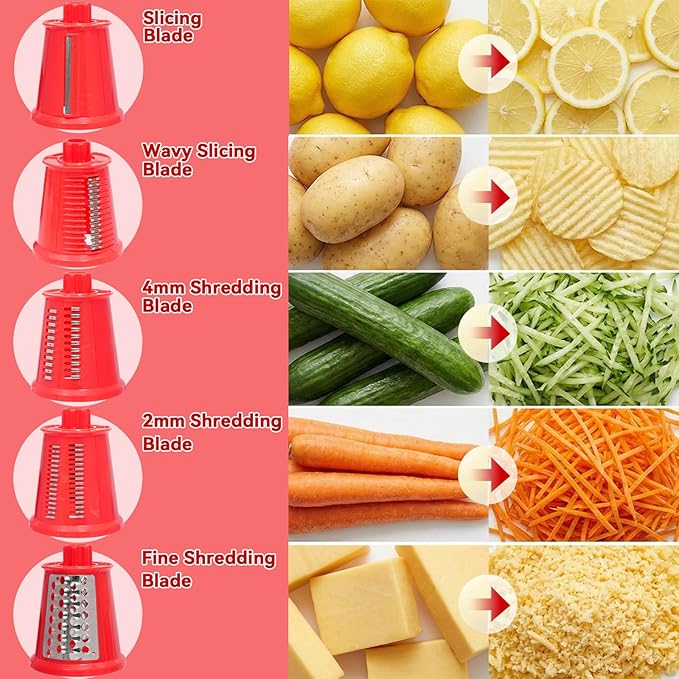 Upgrade Rotary Cheese Grater Shredder with Handle, Strong Suction Base, Multi-purpose Rotary Grater Slicer with 5 Interchangeable Blades for Ice, Vegetables, Fruit, Nuts with Blade Storage Box - Image 2