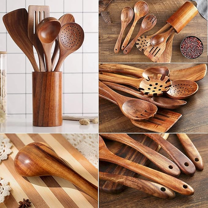 Teak Wooden Kitchen Utensil Set - 7Pcs Wooden Cooking Utensils Including Spatula - Image 4