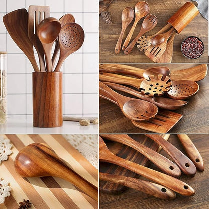 Teak Wooden Kitchen Utensil Set - 7Pcs Wooden Cooking Utensils Including Spatula - Image 4