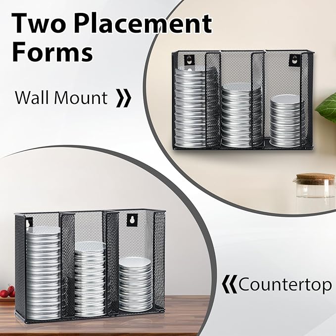 Wall Mounted Mason Jar Lid Organizer Metal Mason Jar Lid Holder 3-Compartment Mason Jar Lid Rack Vertical Mason Jars Lid Storage Wide Mouth Canning Lid Holder Stackable for Kitchen Countertop