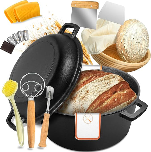 Cast Iron Dutch Oven for Bread Baking, 5 QT Pre-Seasoned Pot with Skillet Lid, Includes Sourdough Bread Baking Supplies, Cast Iron Pot for Frying, Braising, BBQ by Huolewa