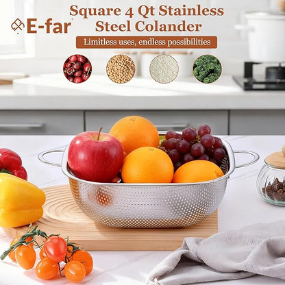 E-far 4QT Square Stainless Steel Colander - Metal Strainer with Handle for Draining Pasta & Vegetables, Micro-Perforated & Elevated Feet, Dishwasher Safe - Image 7