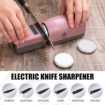 Rolling Knife Sharpener - Electric Knife Sharpener with 3 Heads & 3 Speeds, Adjustable 10°–25° Angle, Three-Stage Sharpening, Cordless Kitchen & Outdoor Knife Sharpening Kit