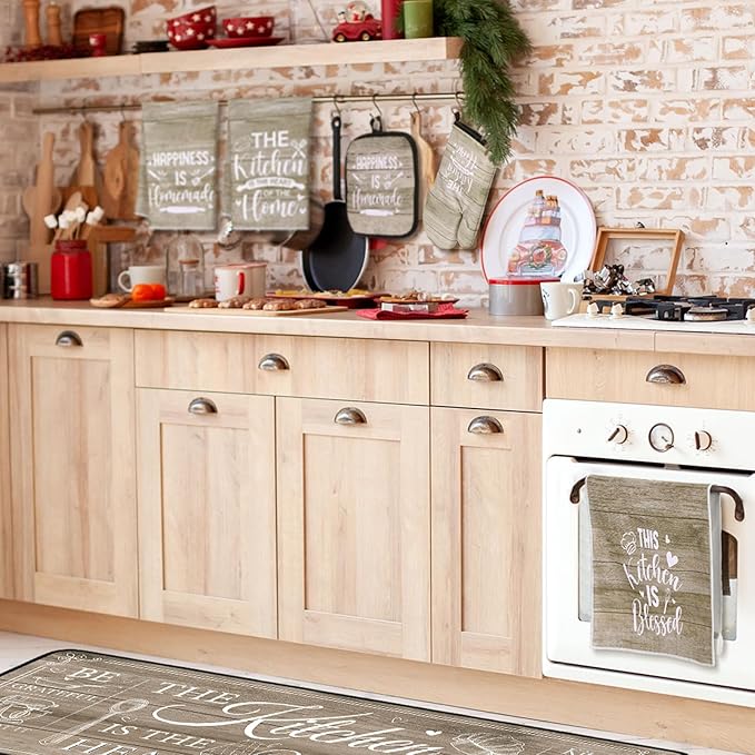 Fourluoo 10 Pcs Farmhouse Kitchen Decor and Accessories Set 4 Kitchen Towels 2 Pot Holders 2 Oven Mitts 2 Rugs for Cooking Baking Mom Housewarming Gifts(Brown,Classic Style) - Image 4
