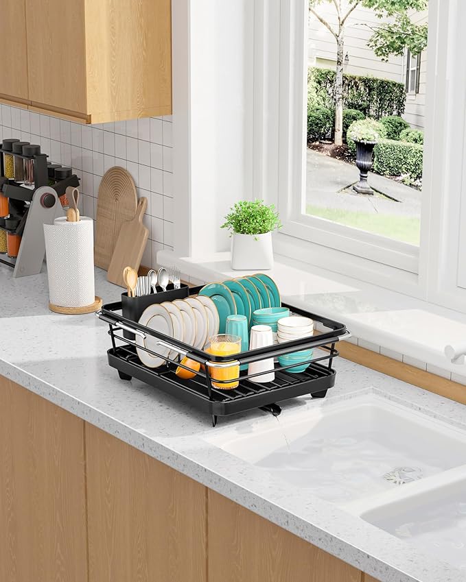 Sakugi Extendable Dish Drying Rack Over Sink with Dish Drainer, Sink Organization and Storage Essentials with Silverware & Utensil Holder, Home and Apartment Decor, 12" W x 16.1~23" L, Black - Image 8