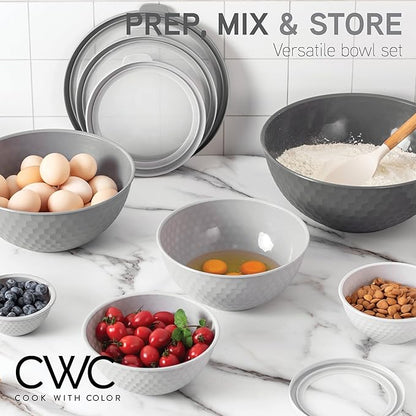 COOK WITH COLOR Mixing Bowls with Lids - 12 Piece Plastic Nesting Bowls Set includes 6 Prep Bowls and 6 Lids, Microwave Safe Mixing Bowl Set, Grey Embossed - Image 8