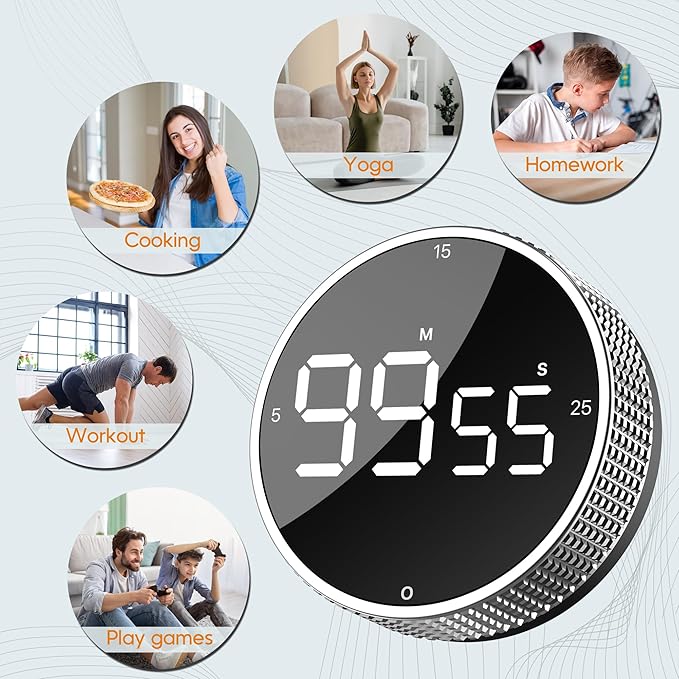Upgrade Digital Kitchen Timer - Magnetic Countdown Countup Visual Pomodoro Timer with Large LED Display, 3-Preset Times (5, 15, 25), 3 Volume Levels, Ideal for Cooking, Baking and Fitness (2, Silver) - Image 6