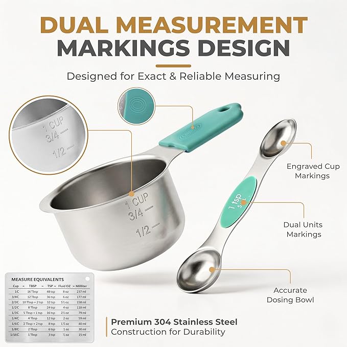 Magnetic Measuring Cups and Spoons Set, 13 Piece 304 Heavy Duty Stainless Steel with Leveler, Mini Whisk & Conversion Chart, Stackable Nesting Design, Double Sided Spoons for Dry & Liquid Ingredients