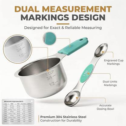 Magnetic Measuring Cups and Spoons Set, 13 Piece 304 Heavy Duty Stainless Steel with Leveler, Mini Whisk & Conversion Chart, Stackable Nesting Design, Double Sided Spoons for Dry & Liquid Ingredients