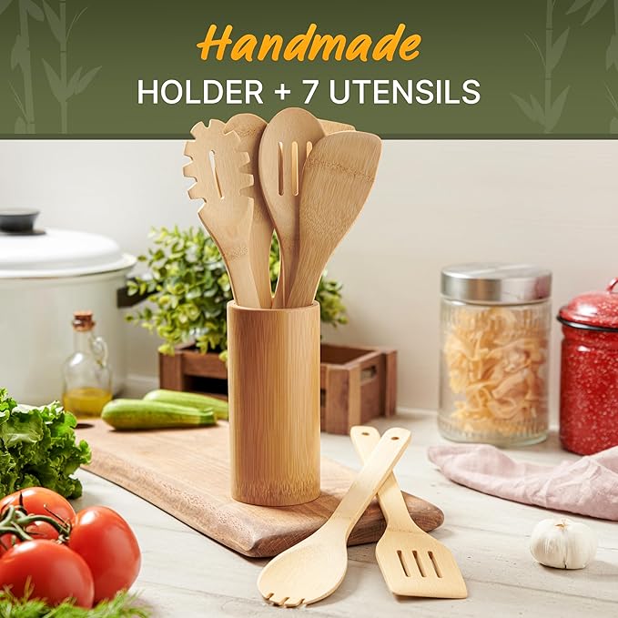 Bamboo Utensils 7 PCs with Holder – Bamboo Cooking Utensils Set + Holder for Nonstick – Wooden Spoon Sets for Cooking – Easy to Clean, Sturdy, Lightweight & Heat Resistant - Image 2
