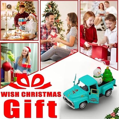 Vintage Blue Christmas Truck Decor – 4.9″Retro Die-Cast Metal Pickup with Snowman and Christmas Tree Figurines for Xmas Town Village Accessories Set Display Home indoor Decoration Gift(Xmas-Blue)