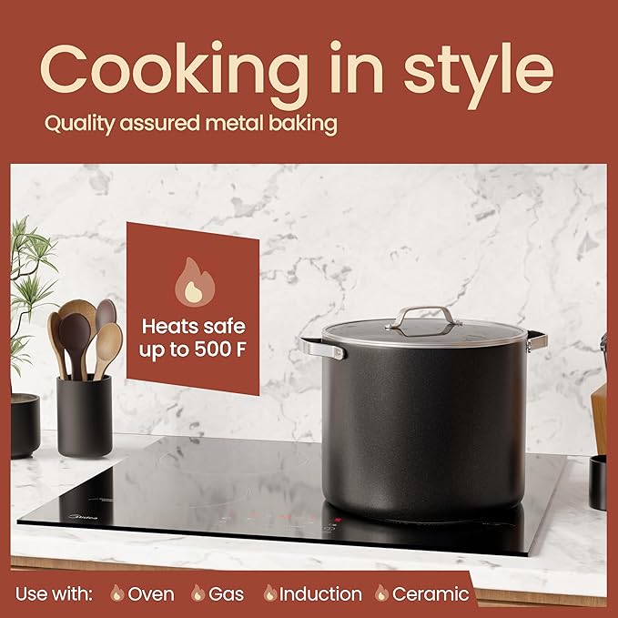 Bakken 12.5 Quart Ceramic Coated Stock Pot with Lid, Easy Clean Nonstick Pot, Tempered Glass Lid, Riveted Stainless Steel Handles, Oven Safe Up To 500°F, PTFE & PFAS Free, All Stove Compatible, Black - Image 3