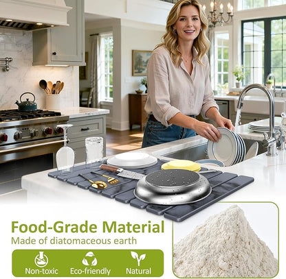 Large Stone Dish Drying Mat for Kitchen Counter, 24"(L)×16"(W), Collapsible Quick Dry Stone Dish Mats, Super Absorbent Diatomaceous Earth Drying Pad for Dishes Bottles Cups, Countertops (Marble) - Image 4