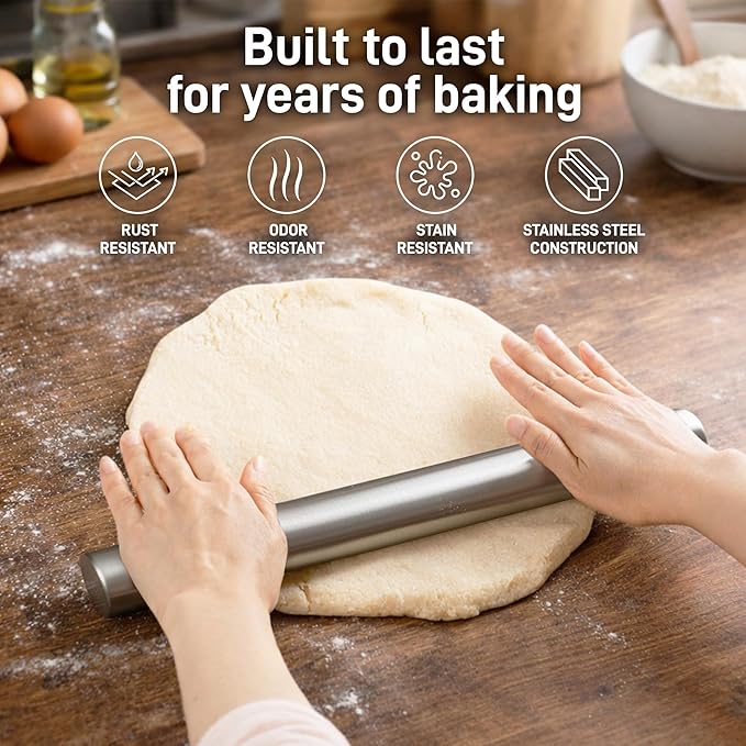 Zulay Kitchen 15.9 inch Professional Stainless Steel Rolling Pin - Lightweight Metal French Rolling Pin - Perfect for Baking, Fondant, Pizza Dough Roller, Dumpling - Image 2