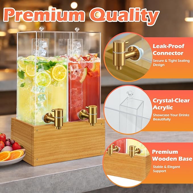 Beverage Dispenser with Stand, 4 Gallon Dual Drink Dispenser Stand, Large Drink Dispenser for Party, Wood Stand - Image 4