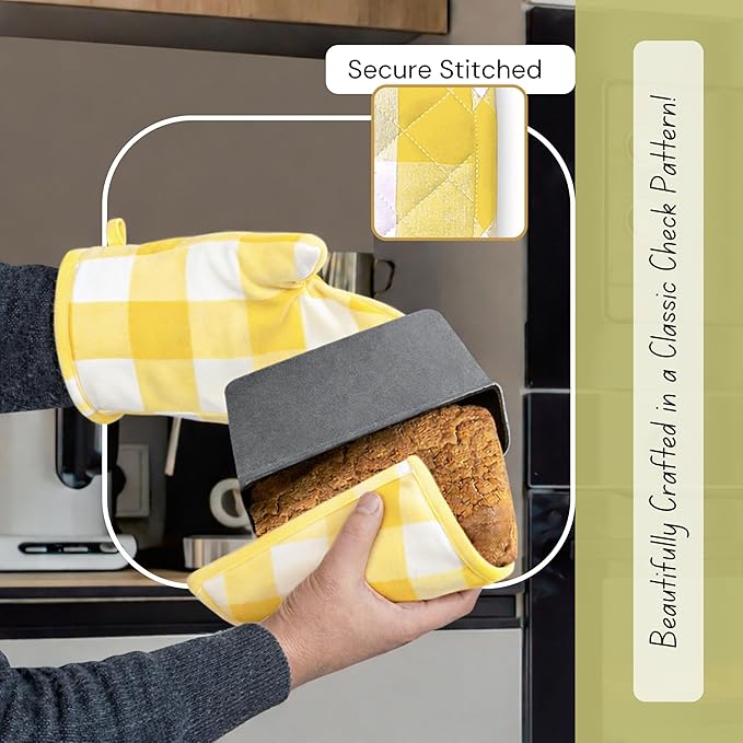 Native Fab Buffalo Plaid Check Oven Mitts and Pot Holders Set of 4, 100% Cotton Heat Resistant Kitchen Gloves, 2 Oven Mitts (7x13), 2 Pot Holders (8x8) for Cooking & Baking, Lemon Yellow White - Image 6