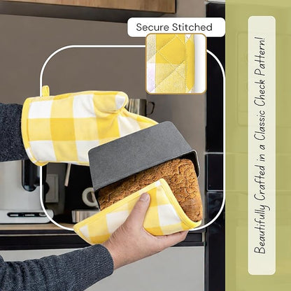 Native Fab Buffalo Plaid Check Oven Mitts and Pot Holders Set of 4, 100% Cotton Heat Resistant Kitchen Gloves, 2 Oven Mitts (7x13), 2 Pot Holders (8x8) for Cooking & Baking, Lemon Yellow White - Image 6