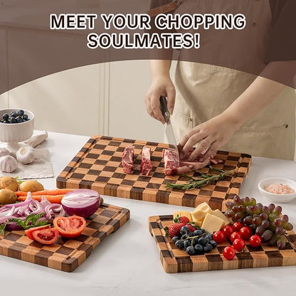 Checkered Cutting Boards for Kitchen, Wooden Cutting Board Set, Acacia Chopping Board with Juice Grooves & Handles, Butcher Block Serving Tray for Meat, Vegetables and Fruits, 3pcs - Image 4