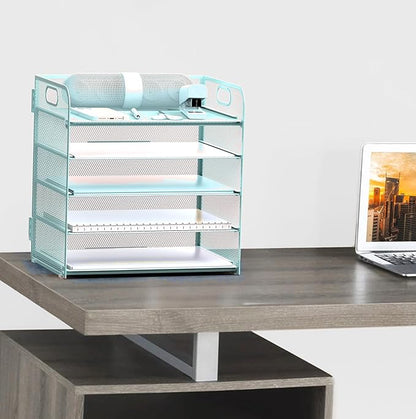 Letter Tray Paper Organizer 5-Tier Desk Organizer File Organizer Paper Holder with Handle, Metal Desktop Document Shelf Tray Office Classroom Organization - Blue