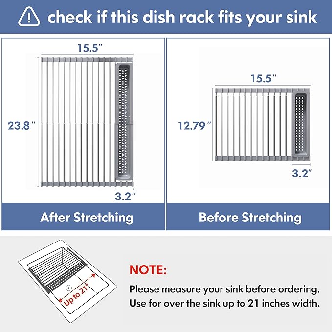 JASIWAY Over The Sink Dish Drying Rack for Kitchen, Expandable (12.8"-23.8" D x 15.5" W) Roll Up Dish Drainer with The Function of Fordable, Rust Proof, Large Sink Cover with Removable Utensil Holder - Image 5