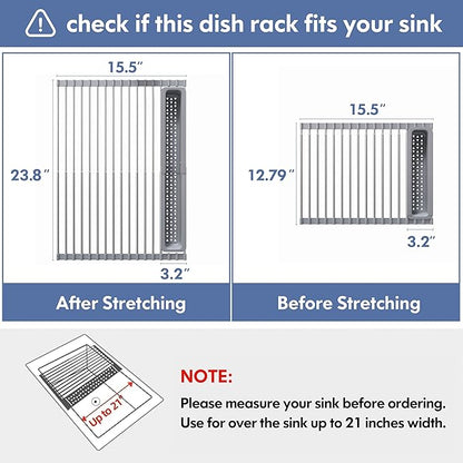 JASIWAY Over The Sink Dish Drying Rack for Kitchen, Expandable (12.8"-23.8" D x 15.5" W) Roll Up Dish Drainer with The Function of Fordable, Rust Proof, Large Sink Cover with Removable Utensil Holder - Image 5