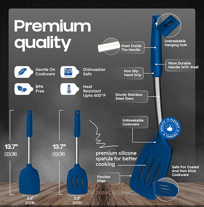 BakeRoyal Silicone Spatula Set - Turner Spatulas Silicone Heat Resistant 600°F - Slotted & Solid Spatula for Cooking Fish, Eggs, Pancakes Flipper – Spatulas for kitchen use – Royal Blue - Image 2