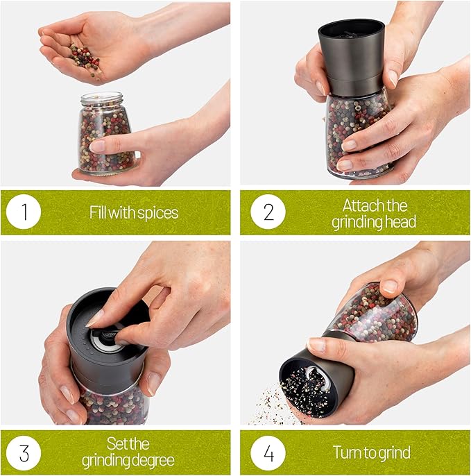 ZOLMER® Premium Stainless Steel Salt and Pepper Grinder Set manual | Adjustable Ceramic Grinder for Salt & Pepper- Black Pepper mill, Salt Grinder & Chili Mill [no spice included] (Small Black)