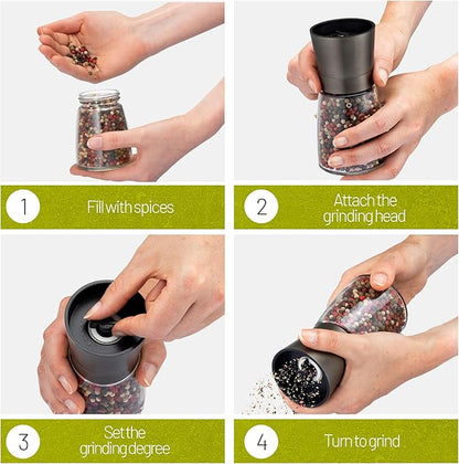 ZOLMER® Premium Stainless Steel Salt and Pepper Grinder Set manual | Adjustable Ceramic Grinder for Salt & Pepper- Black Pepper mill, Salt Grinder & Chili Mill [no spice included] (Small Black)