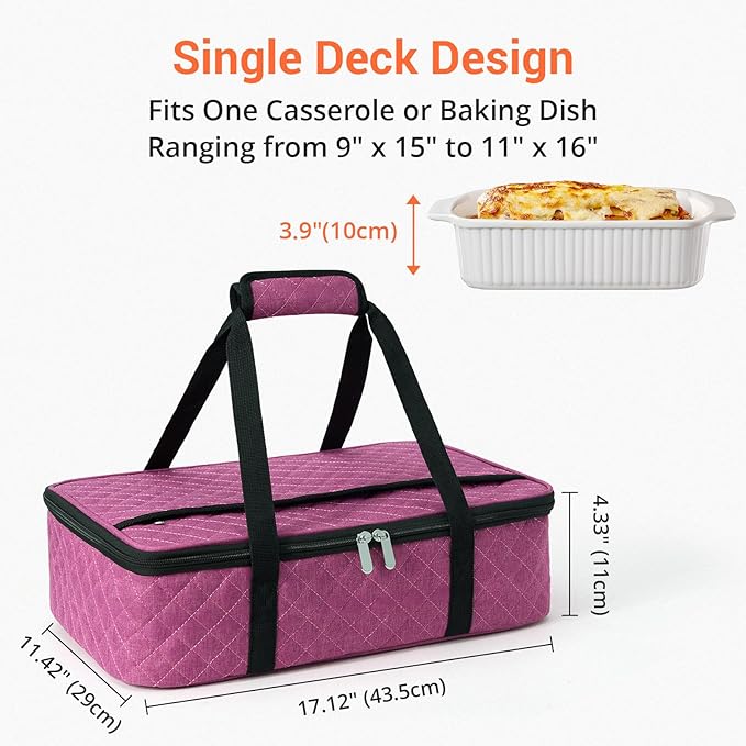 Insulated Casserole Carrier Portable Food Tote for Hot or Cold – Fits 9"x13" Baking Dish, Lasagna Holder for Parties, Picnic, Travel, Beach - Rose Red