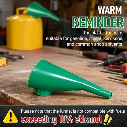 Plastic Funnel for Type I Metal Safety Cans, Compatible with Eagle F15FUN, Fits 1/2/5 Gallon Cans, 10" HDPE Funnel, Includes Diesel Only, Gasoline Only, Mixed Fuel Stickers(1 Pack,Green)
