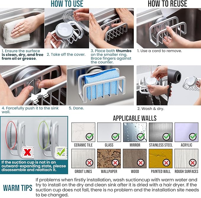 TAILI Sink Caddy with Strong Suction Cup, Sponge Holder for Kitchen Sink Oganizer, Removable Rustproof Aluminum Sponge Holder, Dish Brush for Scraper - Silver - Image 7