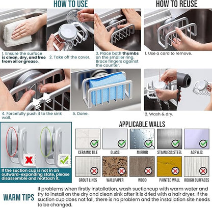 TAILI Sink Caddy with Strong Suction Cup, Sponge Holder for Kitchen Sink Oganizer, Removable Rustproof Aluminum Sponge Holder, Dish Brush for Scraper - Silver - Image 7