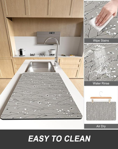 Rnivvi Dish Drying Mat for Kitchen Counter, XL 15 x 24" Cute Flower Theme Absorbent Draining Pad, Non-Slip Heat Resistant Coffee Bar Mats for Coffee Machine Station Accessories, Grey Dish Rack Pad - Image 6