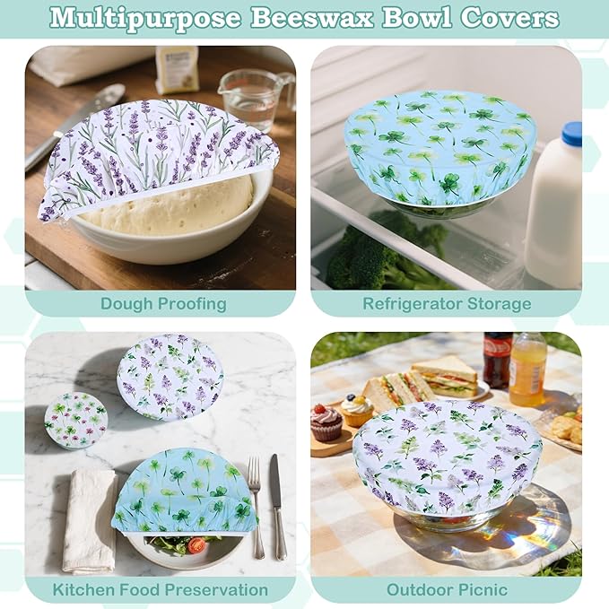 5-Size Reusable Beeswax Bowl Covers for Bread Proofing, Cotton Cloth Flexible Beeswax Wraps for Food Storage(Lavender) - Image 5
