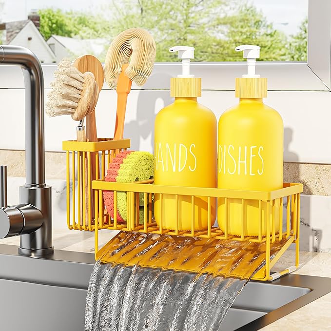 Cisily Yellow Dish Soap Dispenser Set, 16 fl Oz Dual Kitchen Soap Dispensers with Sponge Holder, Customized Stainless Steel Kitchen Soap Dispenser Set, Lemon Kitchen Decor and Accessories - Image 7
