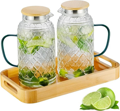 Buaic Glass Pitcher with Lid, 2 PACK 68 oz/2 Liter Vintage Water Pitcher With Serving Tray, Clear Borosilicate Glass Water Carafe for Cold Brew, Coffee, Lemonade, Iced Sun Tea,Beverage, Heat Resistant by Buaic