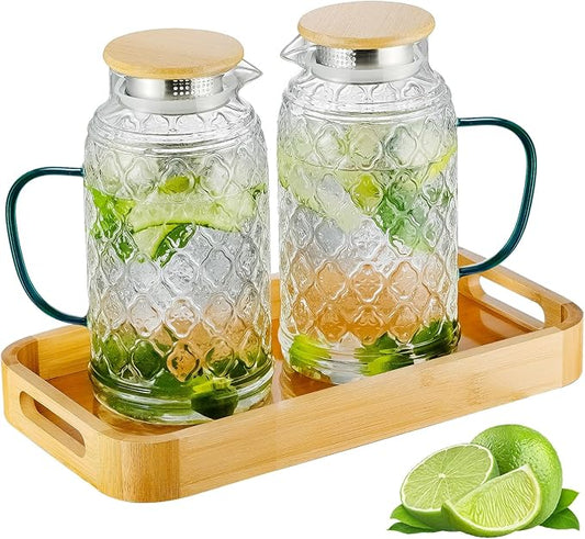Buaic Glass Pitcher with Lid, 2 PACK 68 oz/2 Liter Vintage Water Pitcher With Serving Tray, Clear Borosilicate Glass Water Carafe for Cold Brew, Coffee, Lemonade, Iced Sun Tea,Beverage, Heat Resistant by Buaic