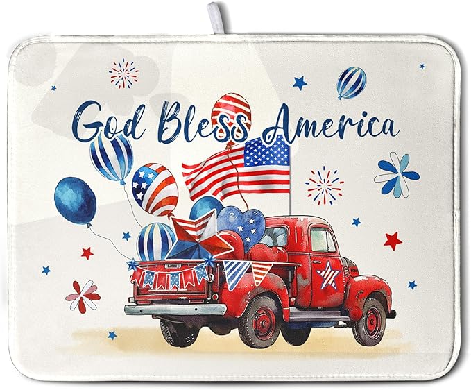 4th of July Drying Mat for Kitchen Counter 18 x 24 Inch US Independence Day Patriotic Truck Dish Drying Mat Polyester American Flag Dish Drainer Mat Super Absorbent Dish Rack Pad for Coffee Bar Sinks by Kwlegh