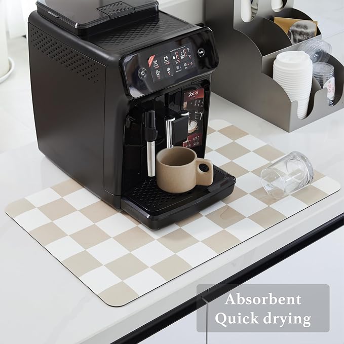 Ohocut Checkered Dish Drying Mat for Kitchen Counter, Coffee Bar Station Accessories, Retro Cute Aesthetic Modern Absorbent Drainer Mat Kitchen Drying Mat Easy Clean, Beige 12" x 19" - Image 4