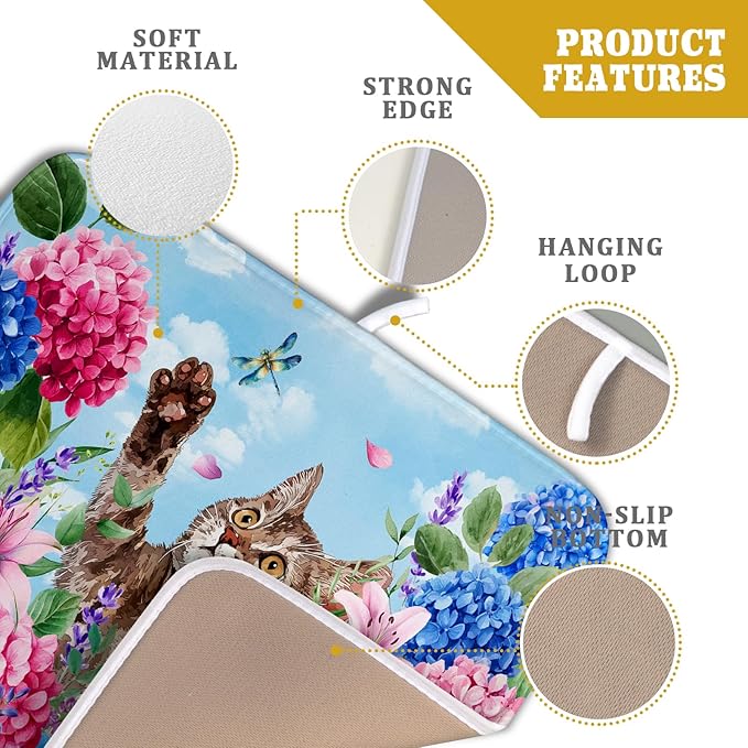 Hydrangea Floral Dish Drying Mat Cute Cat Microfiber Absorbent Dish Drying Pad for Kitchen Counter 16 X 18 - Image 4