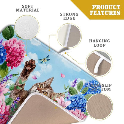 Hydrangea Floral Dish Drying Mat Cute Cat Microfiber Absorbent Dish Drying Pad for Kitchen Counter 16 X 18 - Image 4