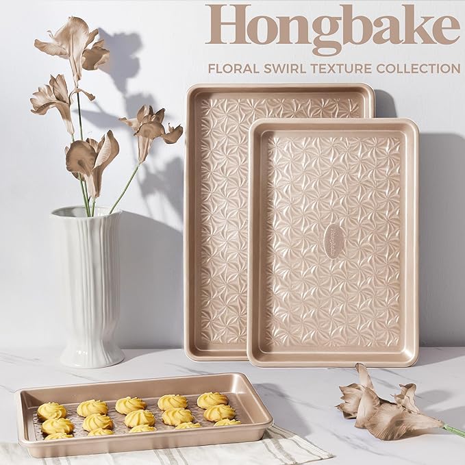 HONGBAKE Nonstick Baking Sheet Pan Set of 3, Cookie Sheets for Oven, Non-Toxic Half/Quarter/Jelly Roll Pans with Floral Swirl Texture, Heavy Duty 0.8mm Thick Oven Trays for Cooking, Champagne Gold - Image 9