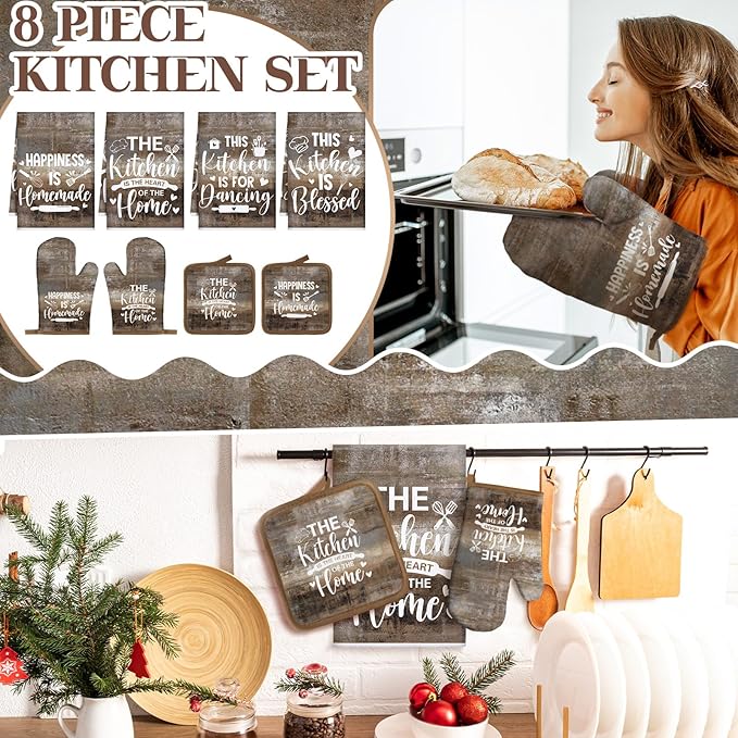 Leinuosen 8 Pcs Kitchen Towels and Oven Mitts Sets Pot Holders Dishcloths Set Kitchen Decorative Accessories Absorbent Potholders Heat Resistant for Chef Baking Cooking - Image 2