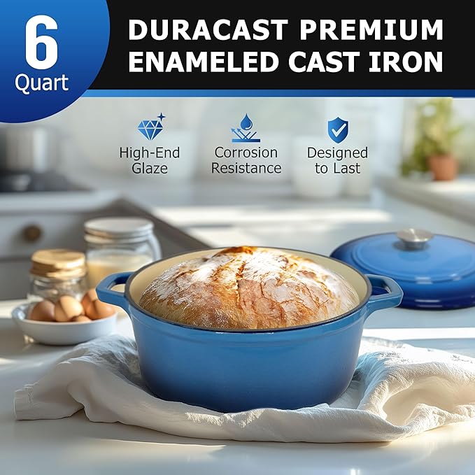 Mueller 6qt Enameled Cast Iron Dutch Oven, Heavy-Duty Casserole and Braiser Pan with Lid and Knob, Oven-Safe up to 500° F & Across All Cooktops, Aqua Blue - Image 2