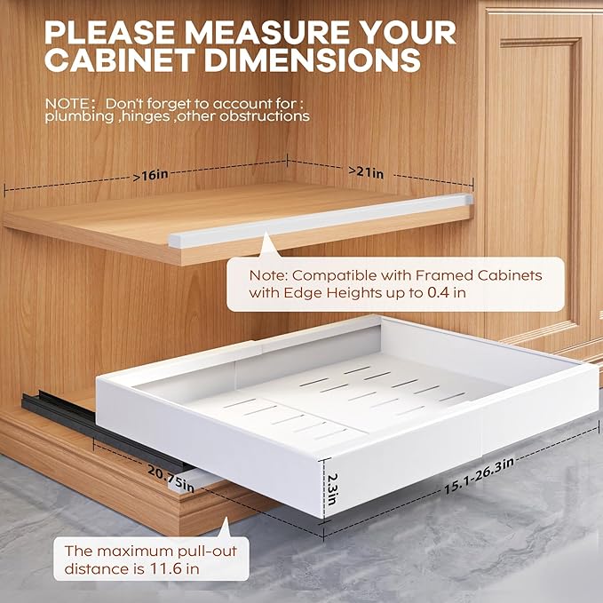 Seinloes 4 Pack Expandable (15.1"-26.3") Pull Out Cabinet Organizer 21" Deep With Raising Pad for Framed Cabinets,Upgrade 3 Slide Rails Slide Out Drawers,No Drill Roll Out Shelves Adhesive,White - Image 3