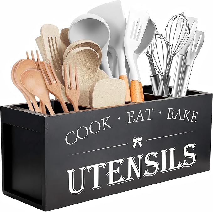 Suli Extra Large Kitchen Utensils Holder with 4 Compartments, Wooden Utensil Organizer for Kitchen Countertop, Farmhouse Kitchen Decor, Rustic Cooking Utensil - Black by Suli