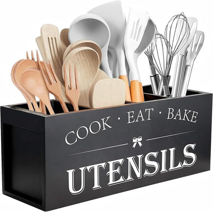 Suli Extra Large Kitchen Utensils Holder with 4 Compartments, Wooden Utensil Organizer for Kitchen Countertop, Farmhouse Kitchen Decor, Rustic Cooking Utensil - Black by Suli