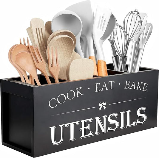 Suli Extra Large Kitchen Utensils Holder with 4 Compartments, Wooden Utensil Organizer for Kitchen Countertop, Farmhouse Kitchen Decor, Rustic Cooking Utensil - Black by Suli